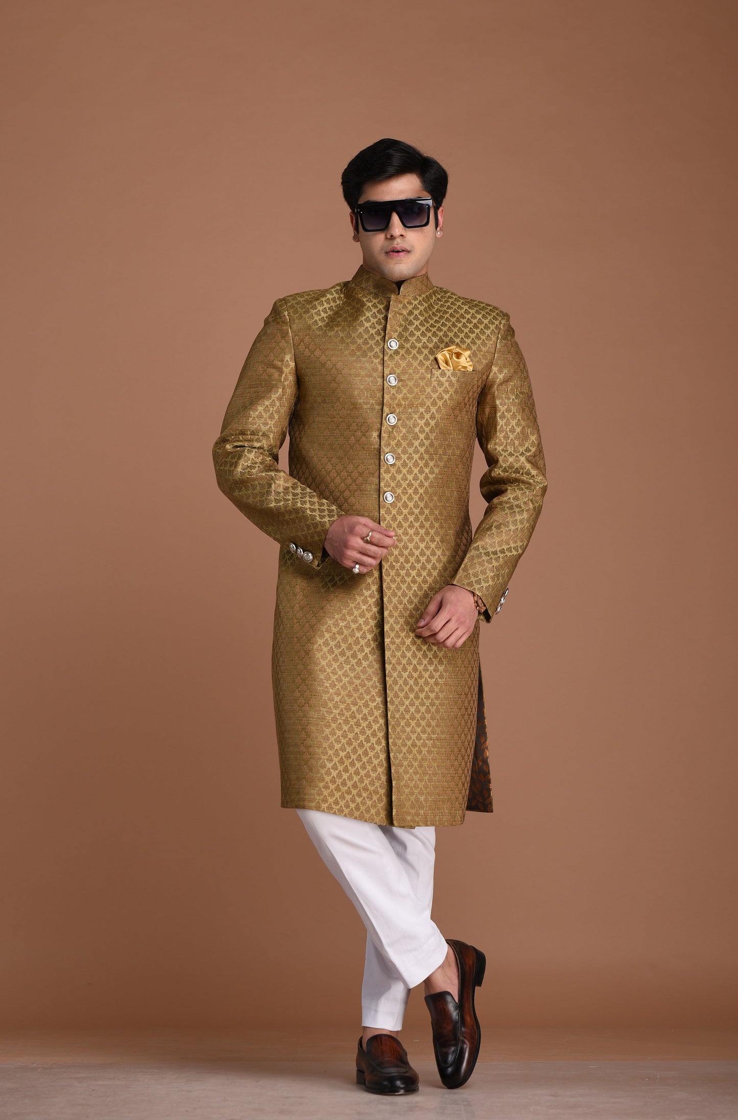 Booti Pattern Brocade Silk Sherwani Achkan Brown Color | Best For Weddings, Grooms, Formal Indian Subcontinent Events Festivals