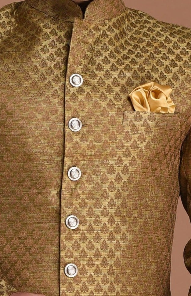 Booti Pattern Brocade Silk Sherwani Achkan Brown Color | Best For Weddings, Grooms, Formal Indian Subcontinent Events Festivals