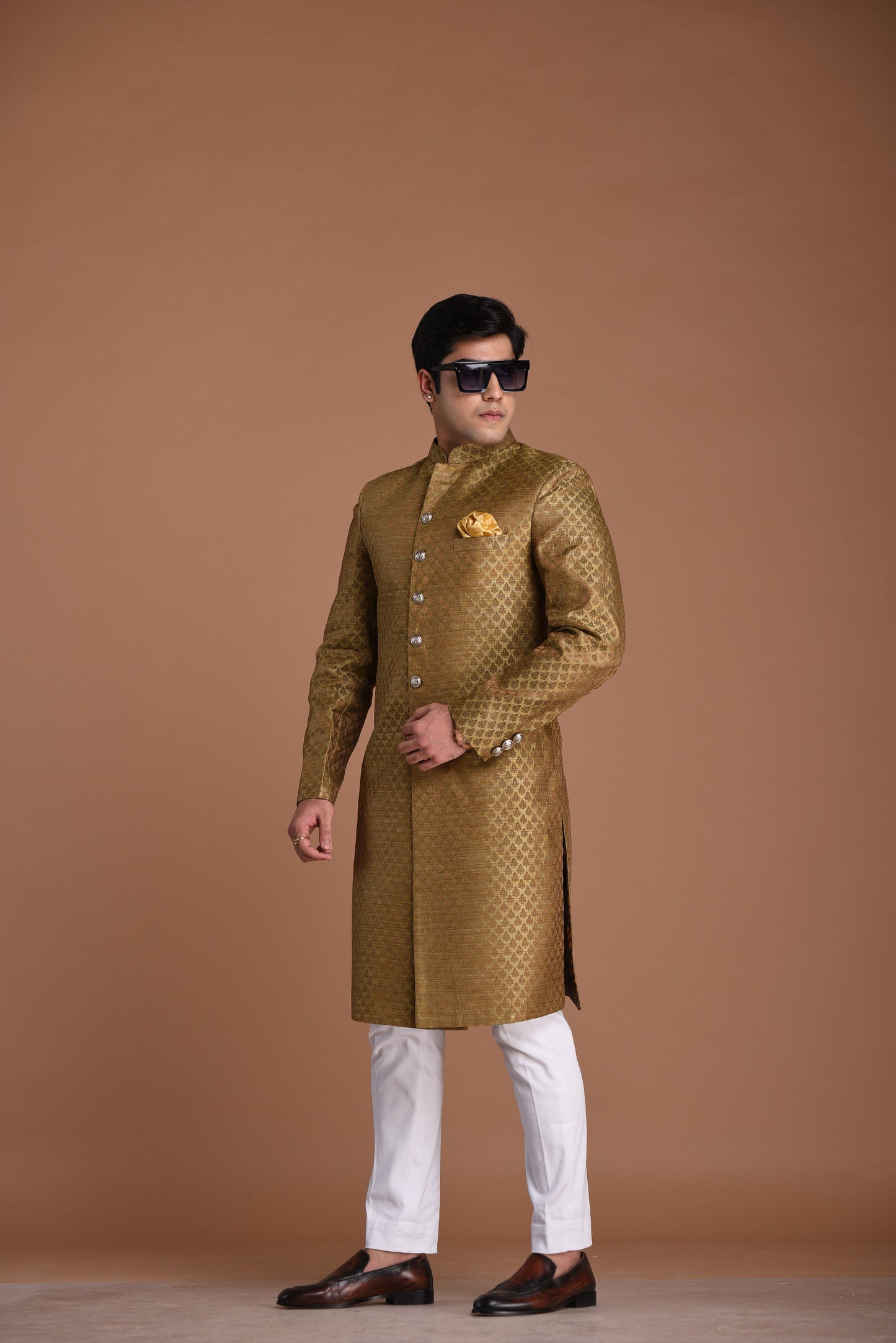 Booti Pattern Brocade Silk Sherwani Achkan Brown Color | Best For Weddings, Grooms, Formal Indian Subcontinent Events Festivals