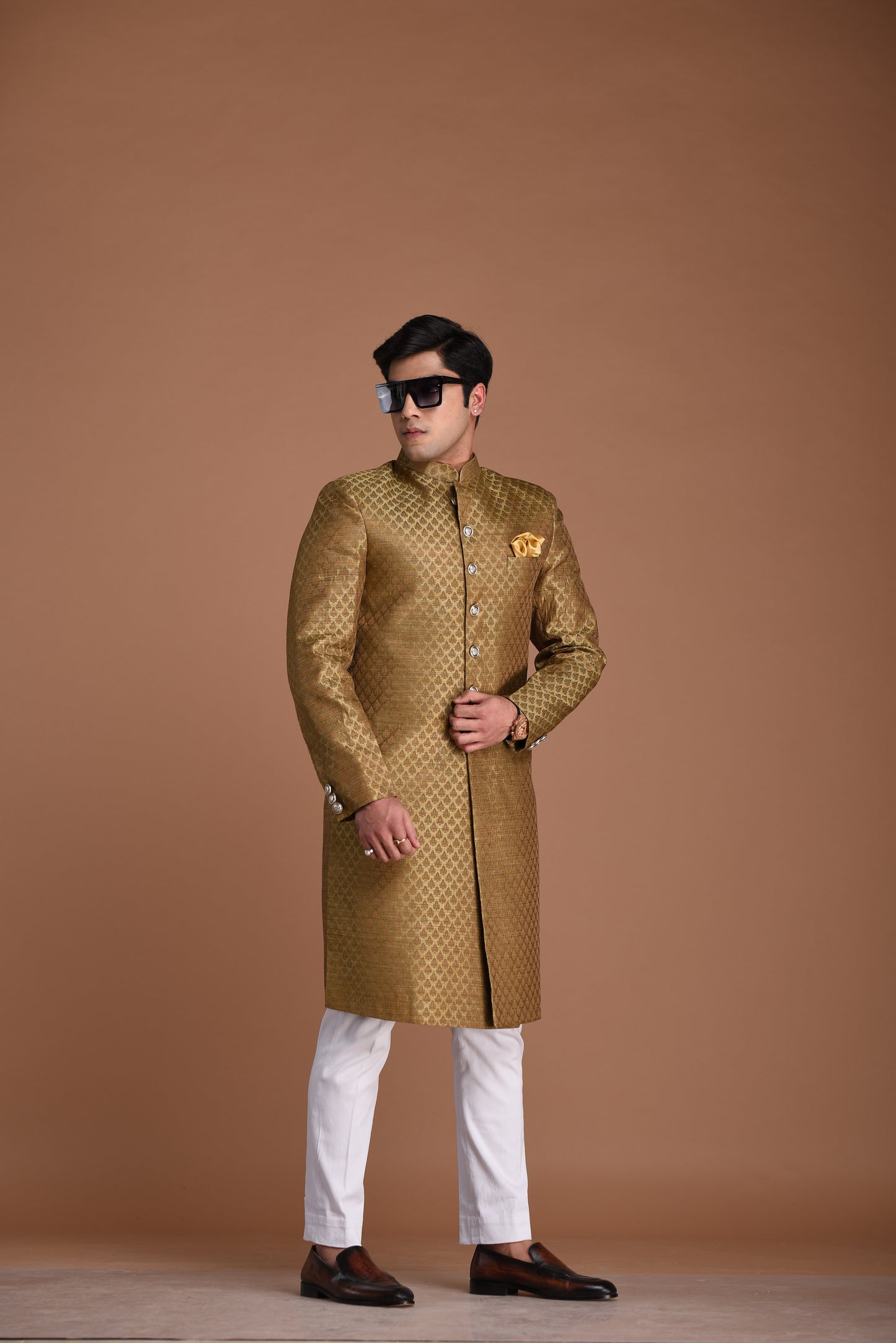 Booti Pattern Brocade Silk Sherwani Achkan Brown Color | Best For Weddings, Grooms, Formal Indian Subcontinent Events Festivals