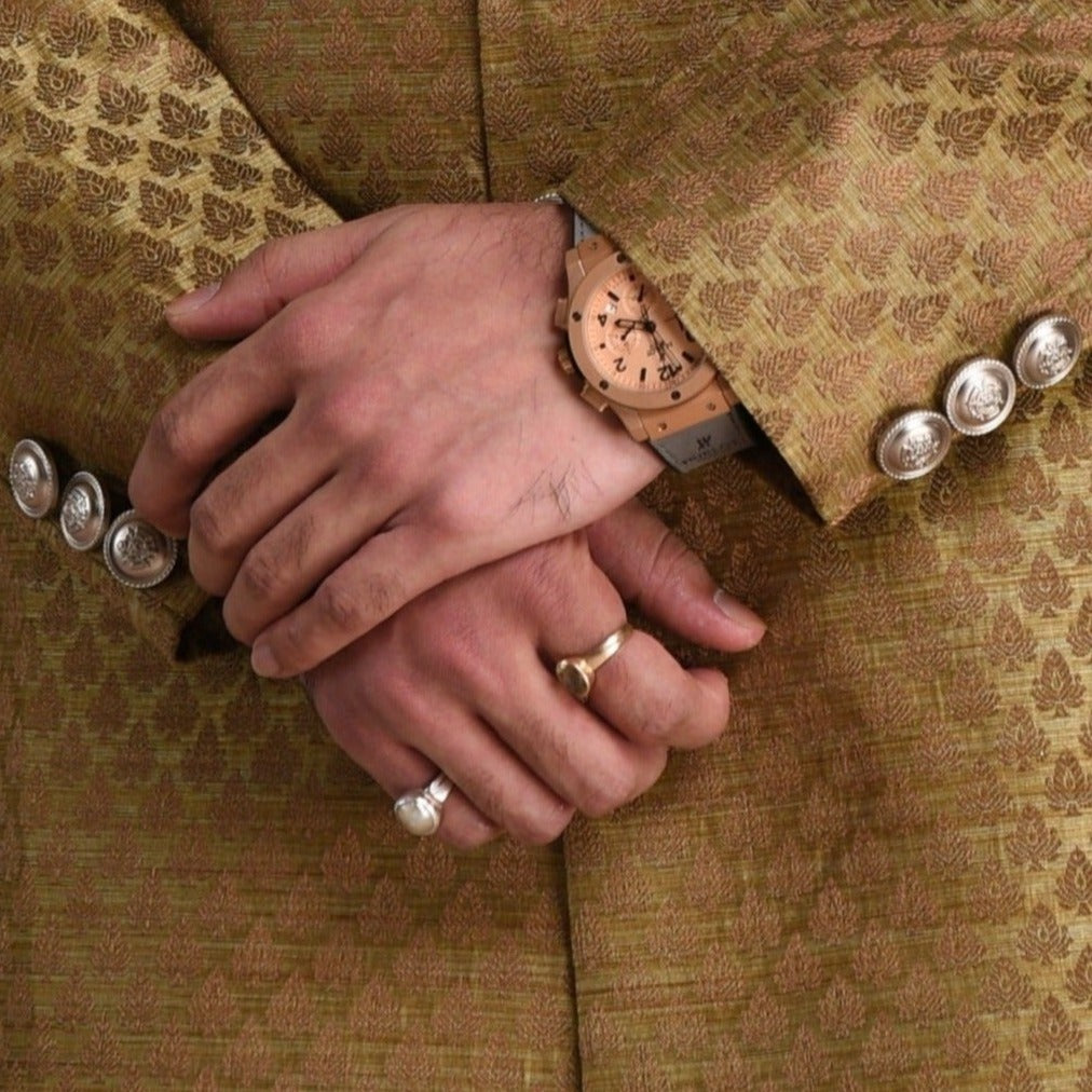 Booti Pattern Brocade Silk Sherwani Achkan Brown Color | Best For Weddings, Grooms, Formal Indian Subcontinent Events Festivals