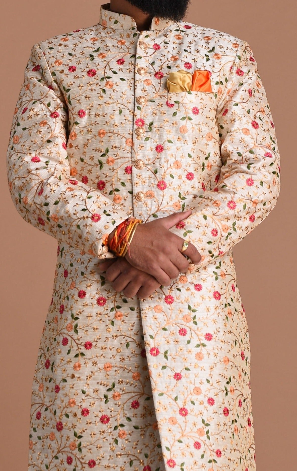 Exclusive Cream Color Floral Pattern Heavy Embroidered sherwani