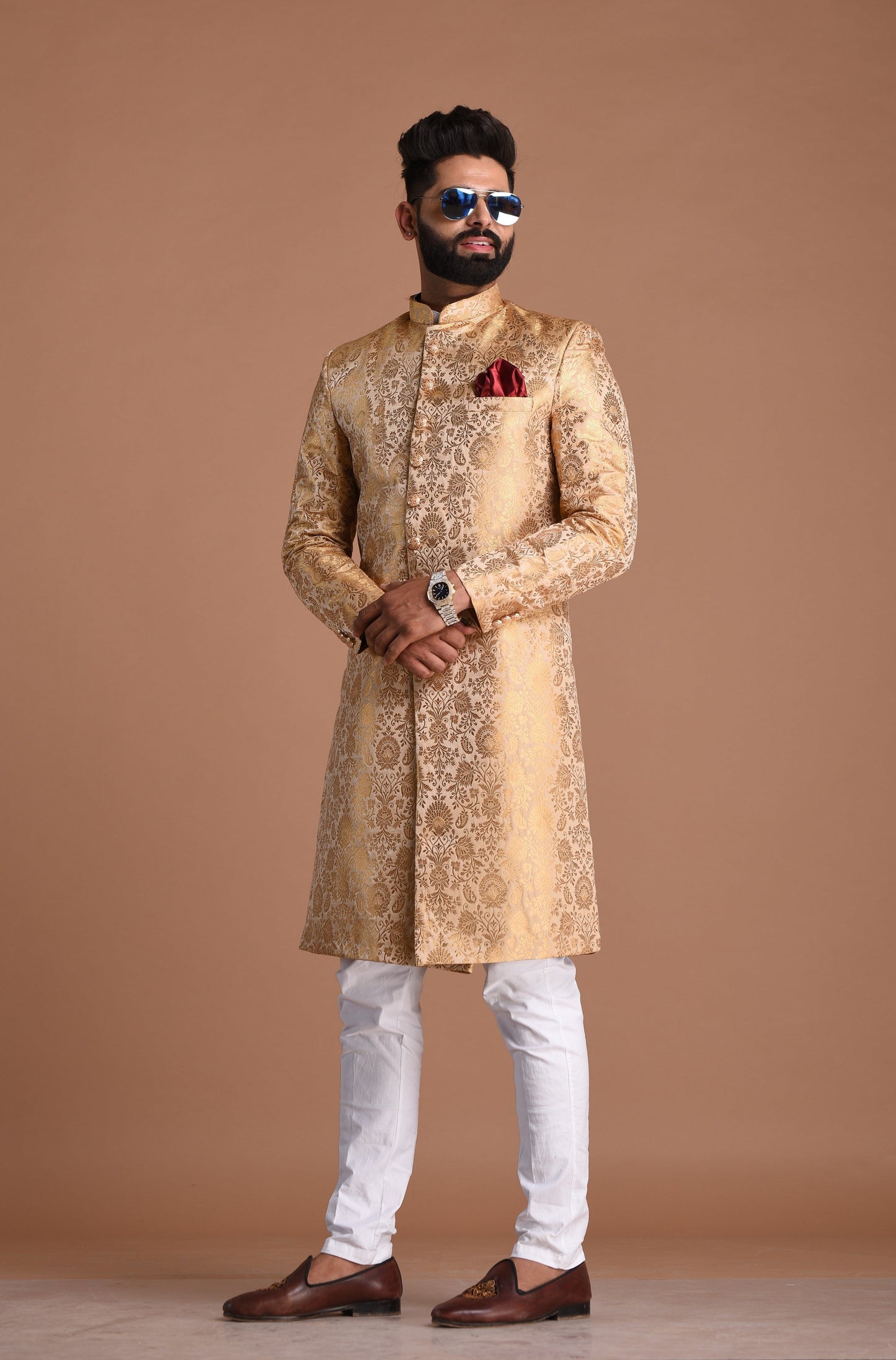 Fawn And Golden Banarasi Brocade Silk Heavy Embroidery Sherwani