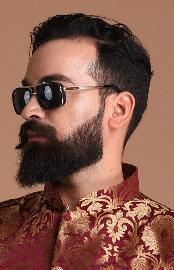 Golden Floral Work Brocade Silk Maroon Sherwani Achkan for Men