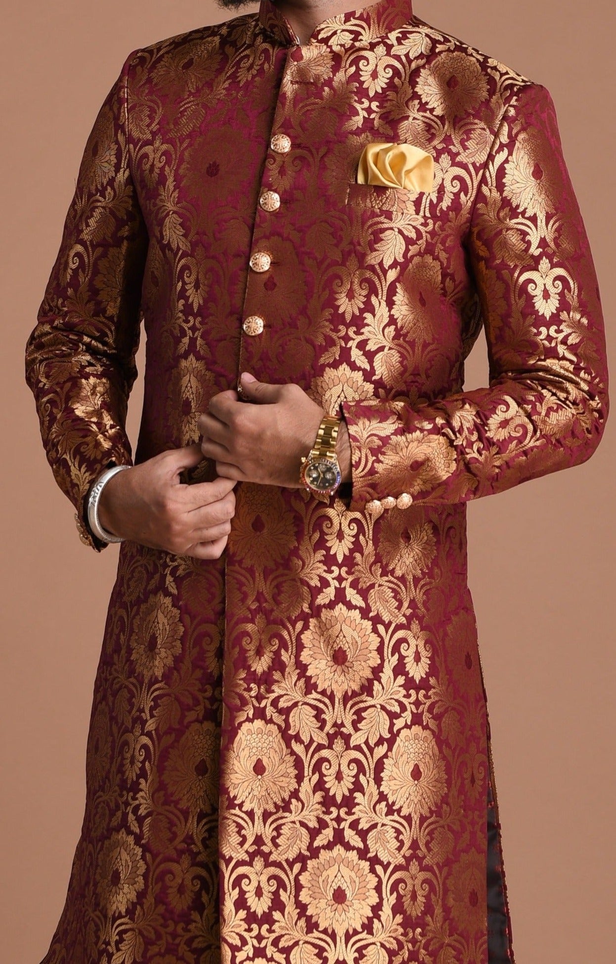 Golden Floral Work Brocade Silk Maroon Sherwani Achkan for Men