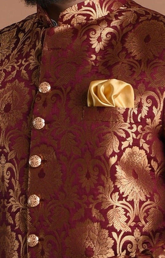 Golden Floral Work Brocade Silk Maroon Sherwani Achkan for Men