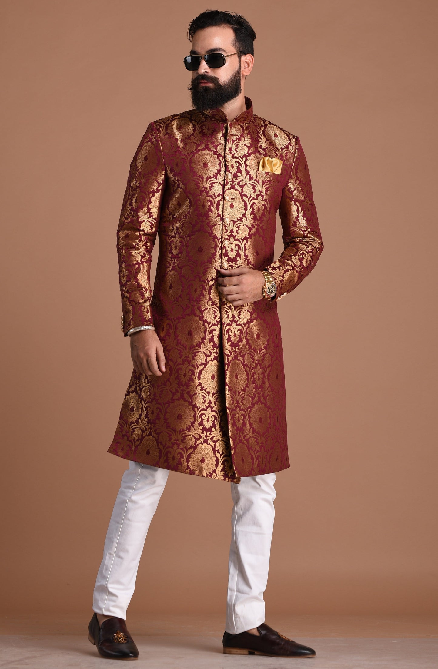 Golden Floral Work Brocade Silk Maroon Sherwani Achkan for Men