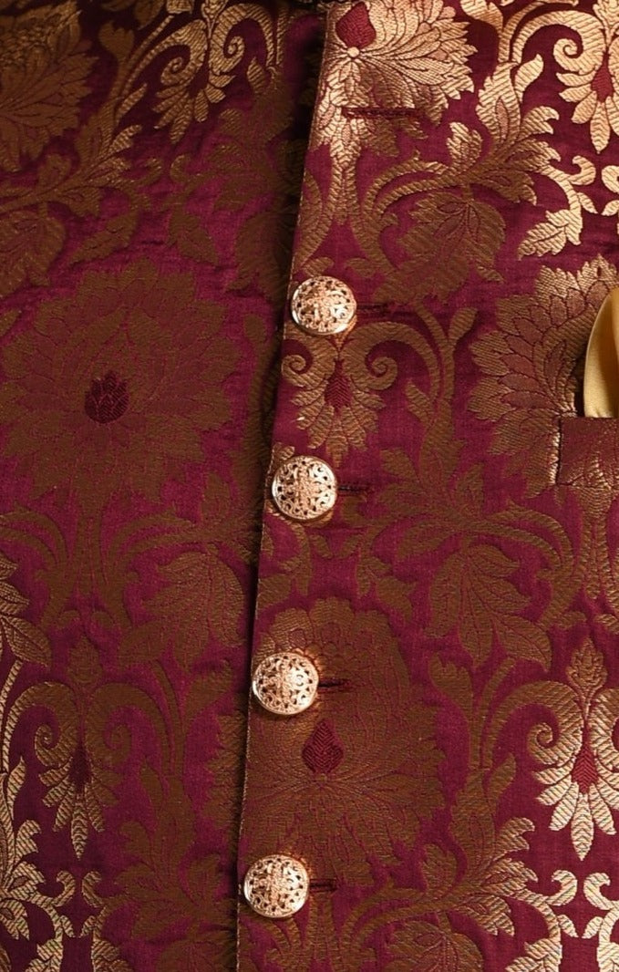 Golden Floral Work Brocade Silk Maroon Sherwani Achkan for Men