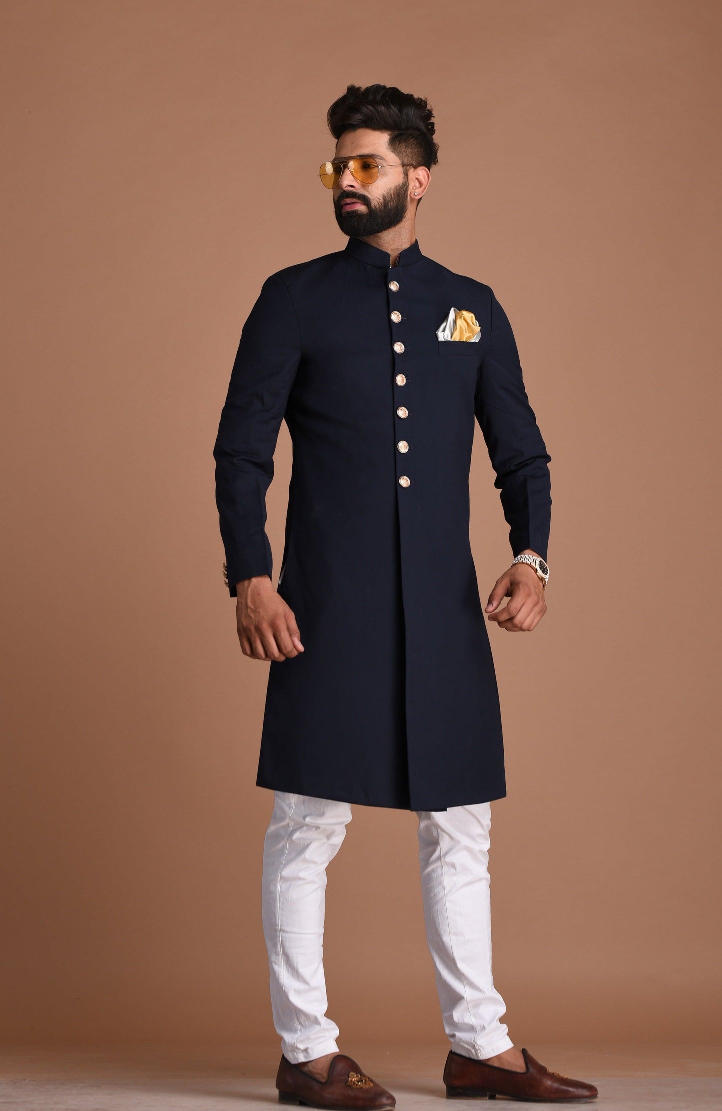 Handmade Navy Blue Maharaja Style Achkan