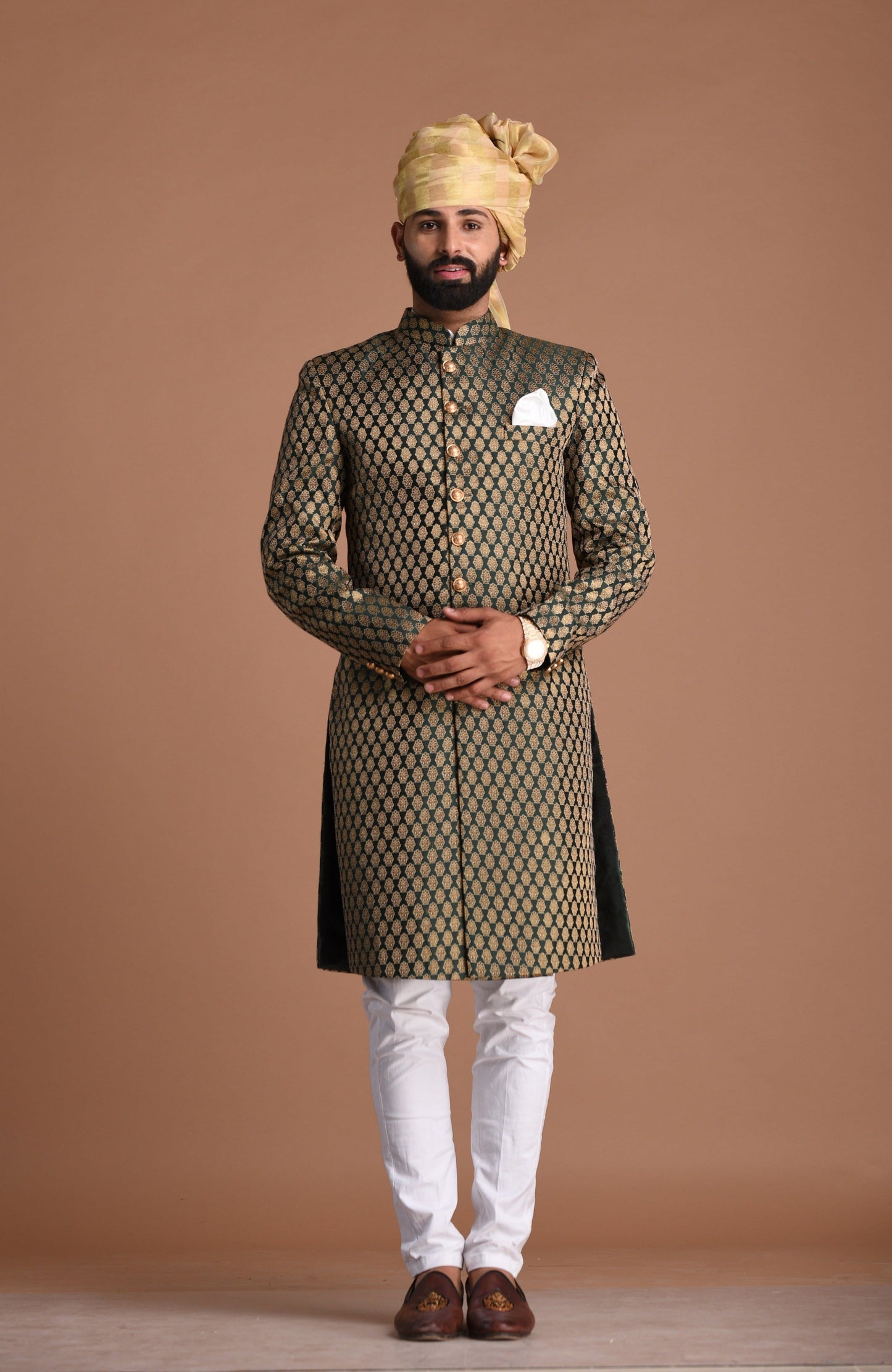 Handmade Royal Booti Pattern Brocade Silk Sherwani