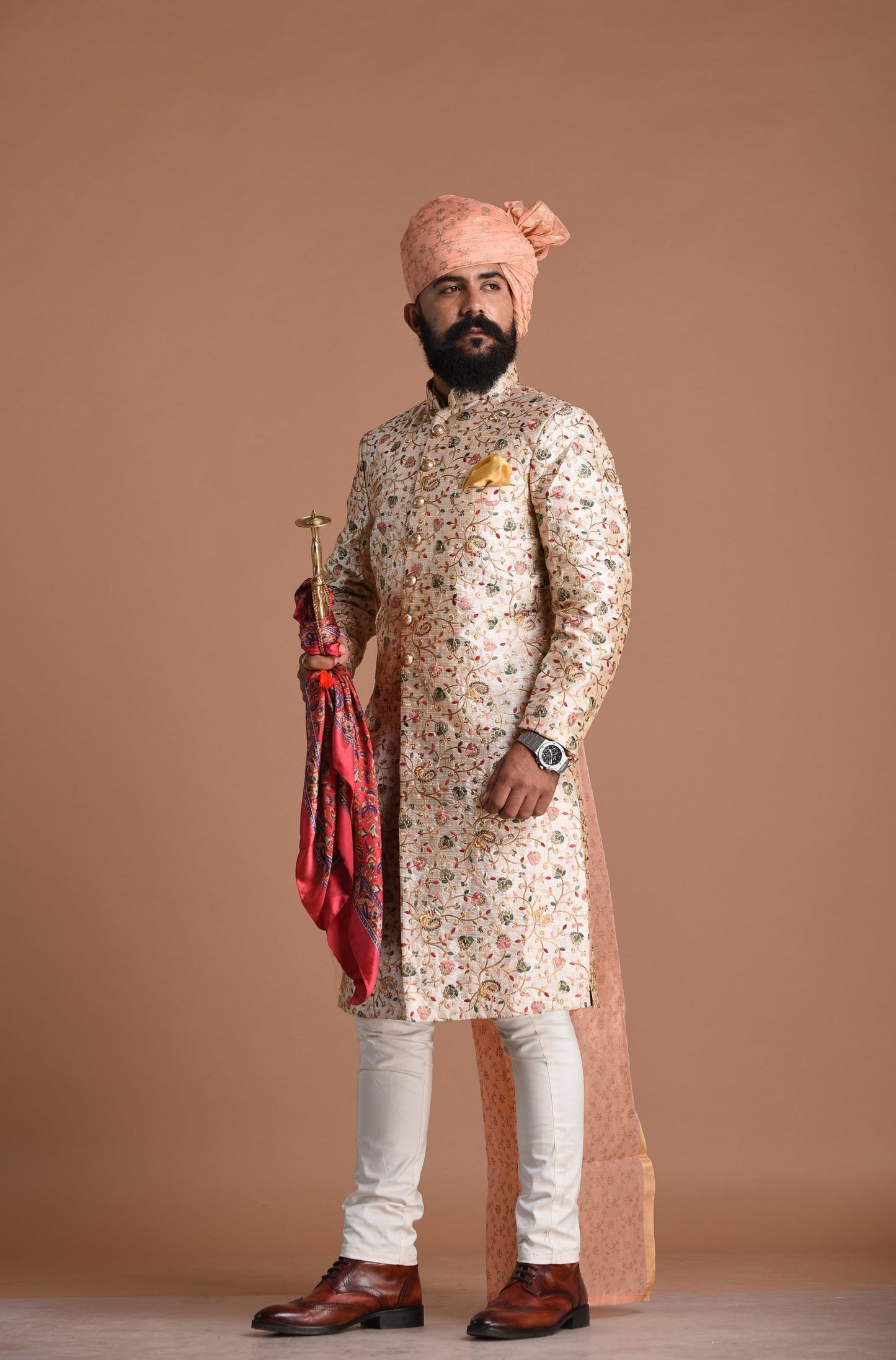 Royal Banarasi Heavy Floral Embroidery Cream Sherwani