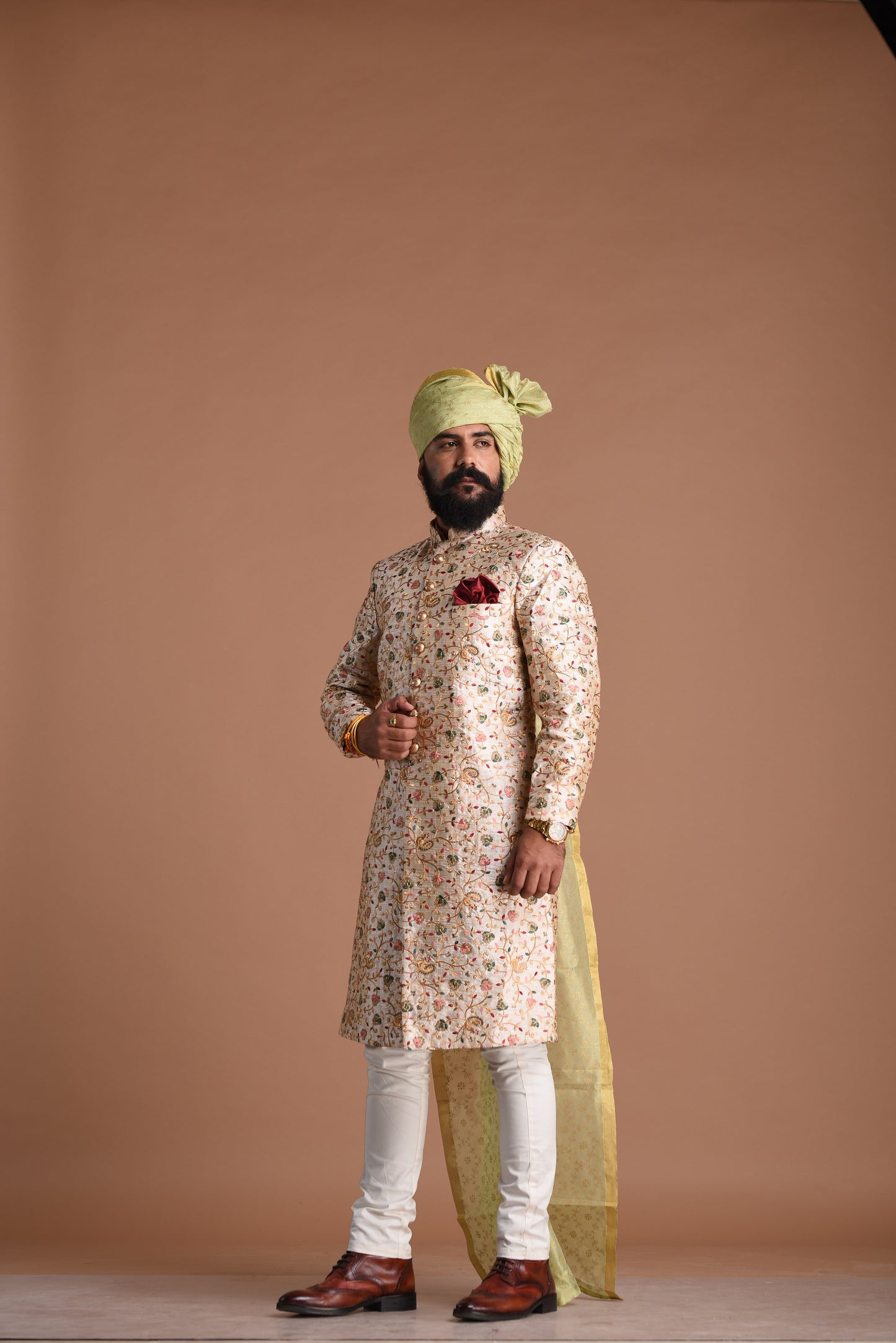 Royal Banarasi Heavy Floral Embroidery Cream Sherwani