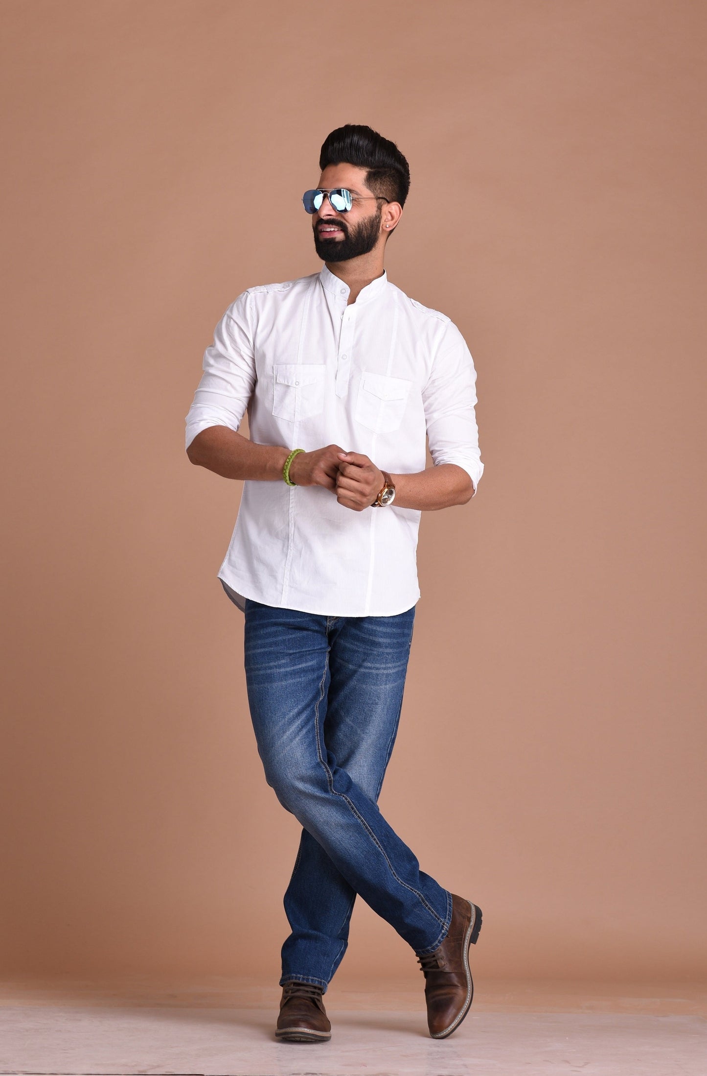 White Pure Cotton Fabric Hunting Style Short Kurta