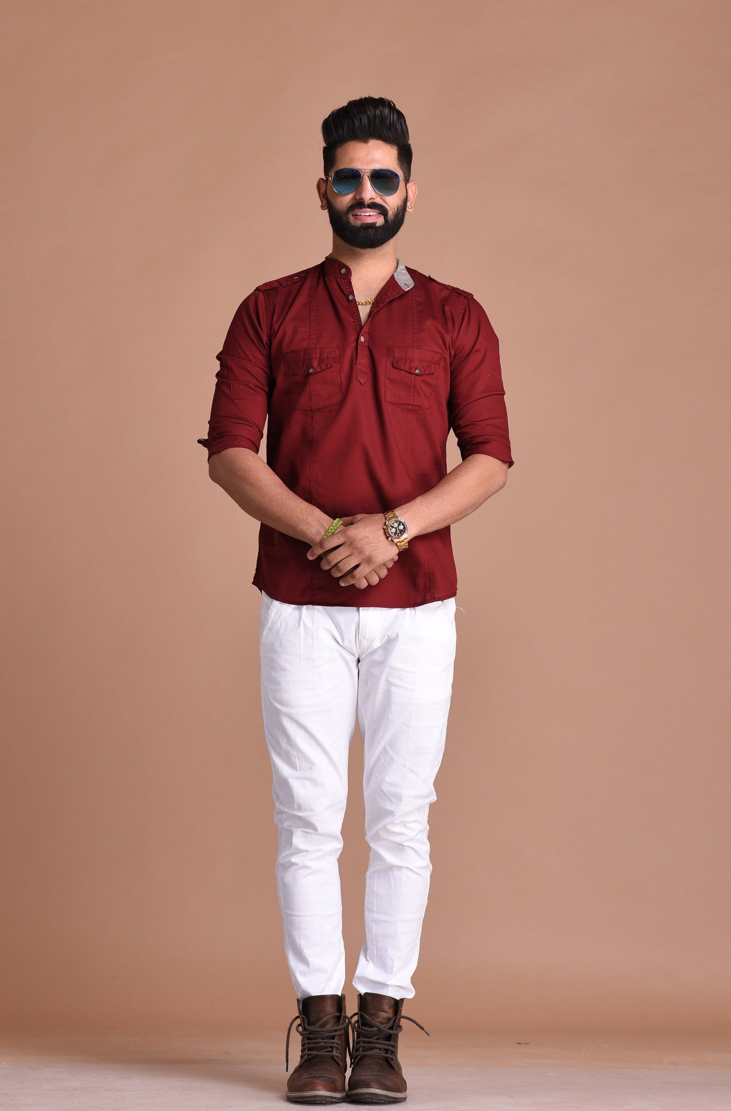 Red Color Pure Cotton Fabric Hunting Style Short Kurta