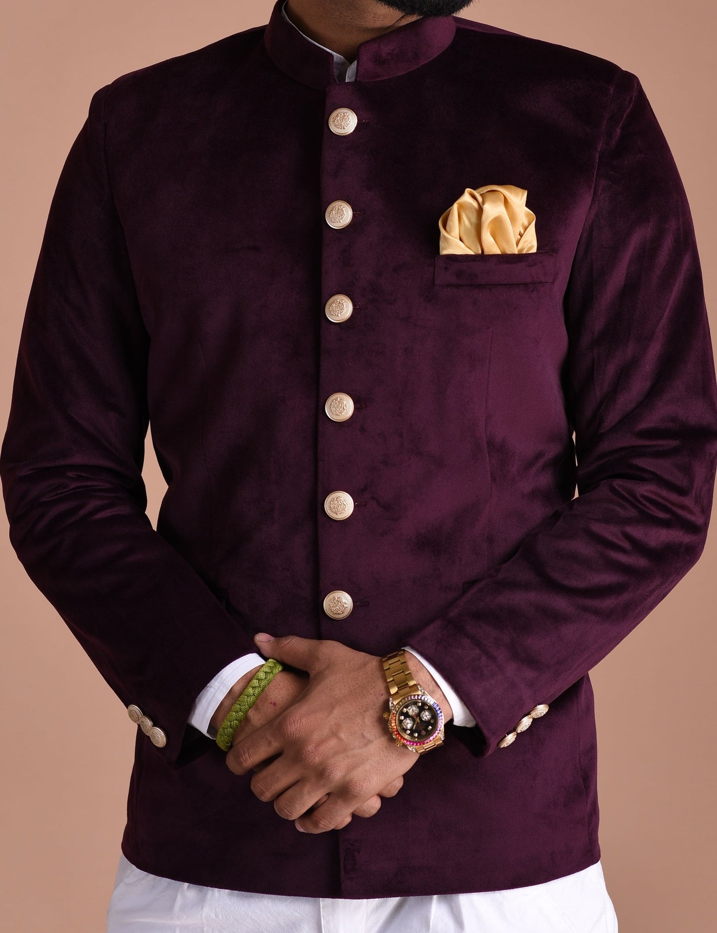 Mulberry Jodhpuri Bandhgala Blazer With White Trouser