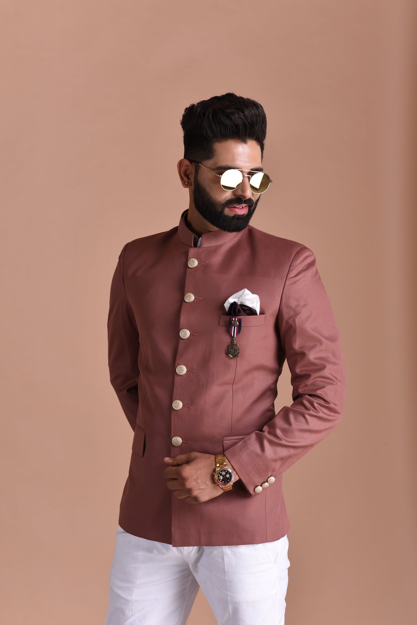 Rosewood Bandhgala Jodhpuri Designer Blazer With White Trouser