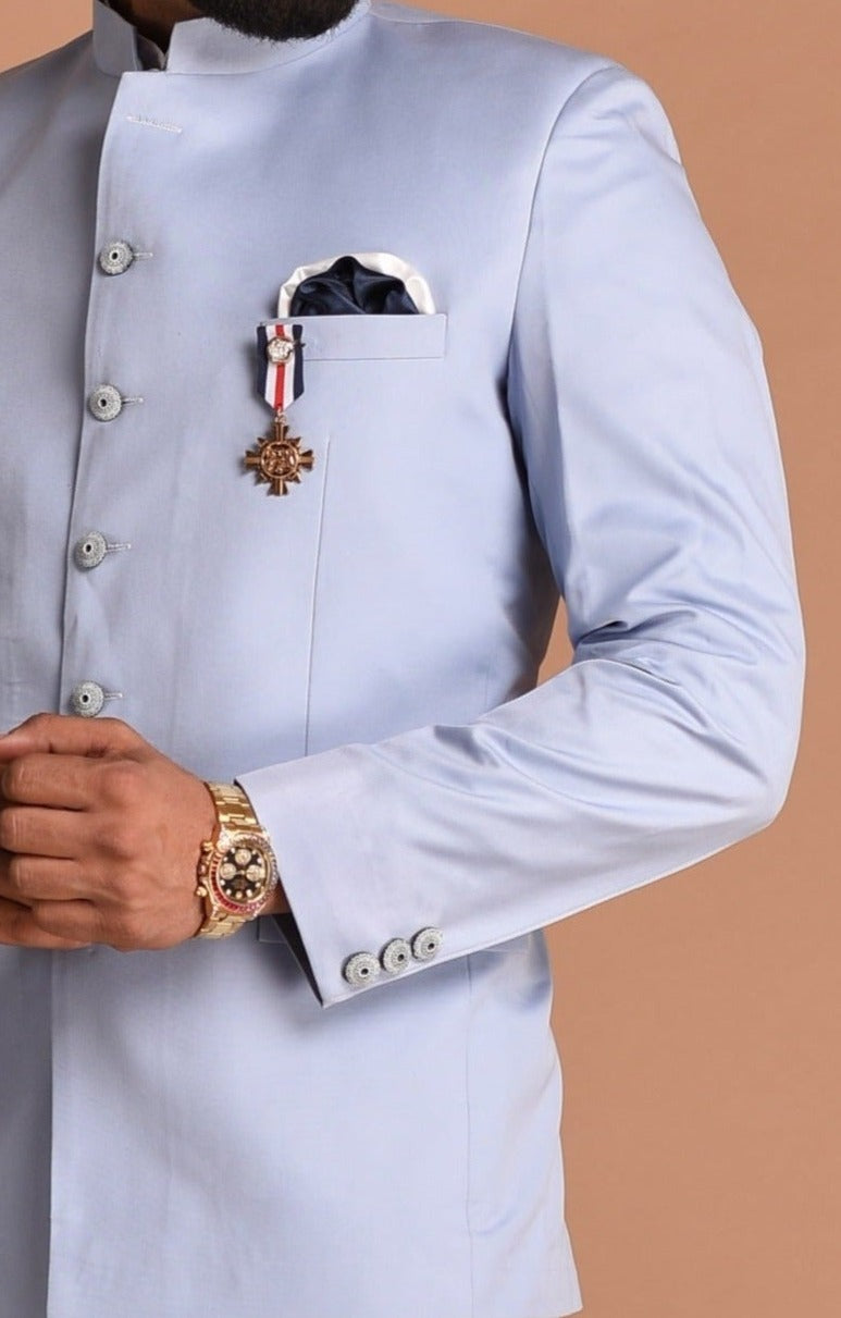Stunning Powder Blue Jodhpuri Bandhgala with White Trouser
