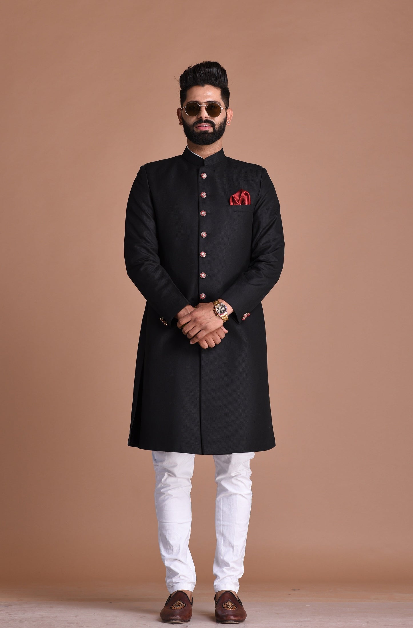 Handmade Royal Black Maharaja Style Achkan