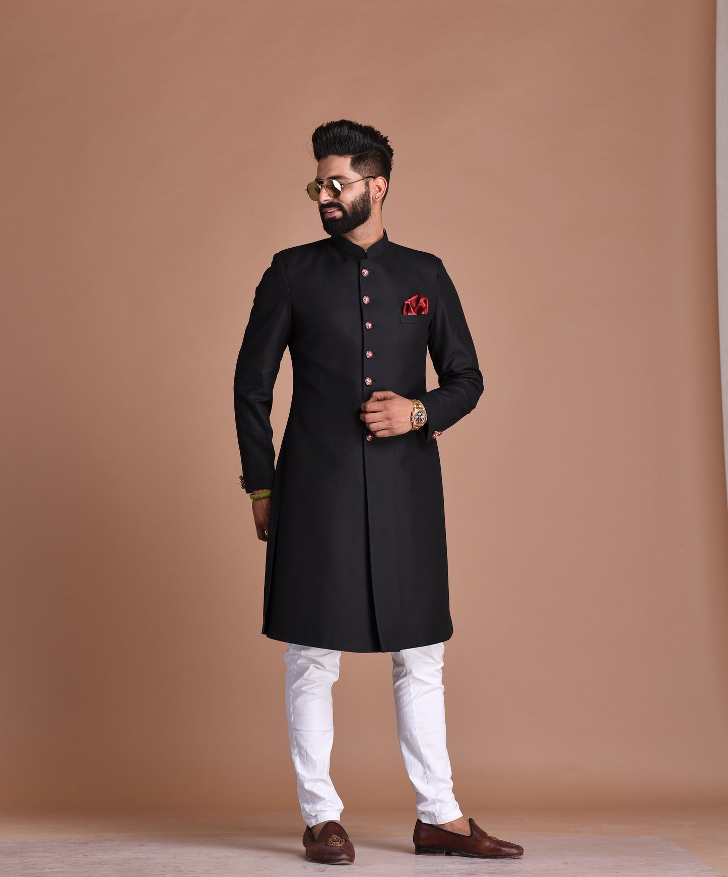 Handmade Royal Black Maharaja Style Achkan