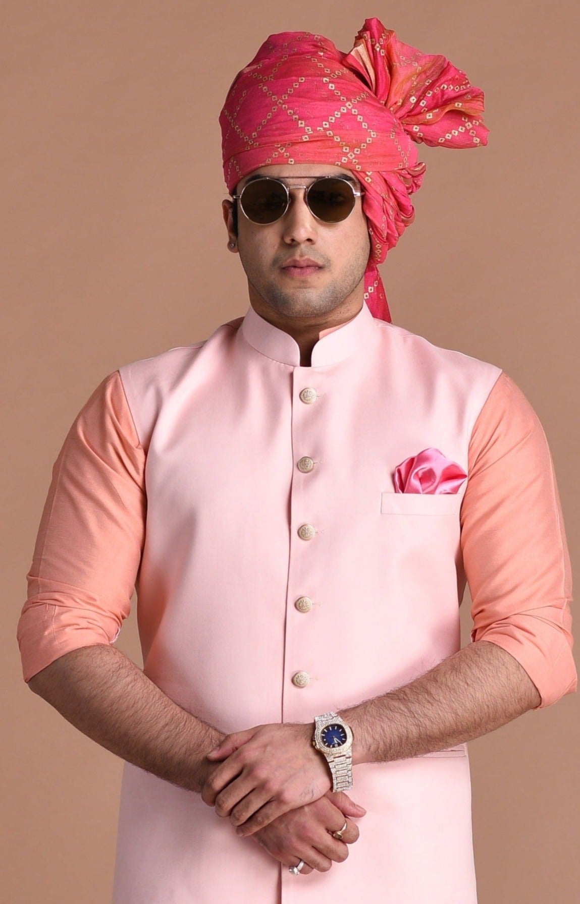 Pink Terry Rayon Nehru Jacket With Peach Silk Kurta Pajama Set
