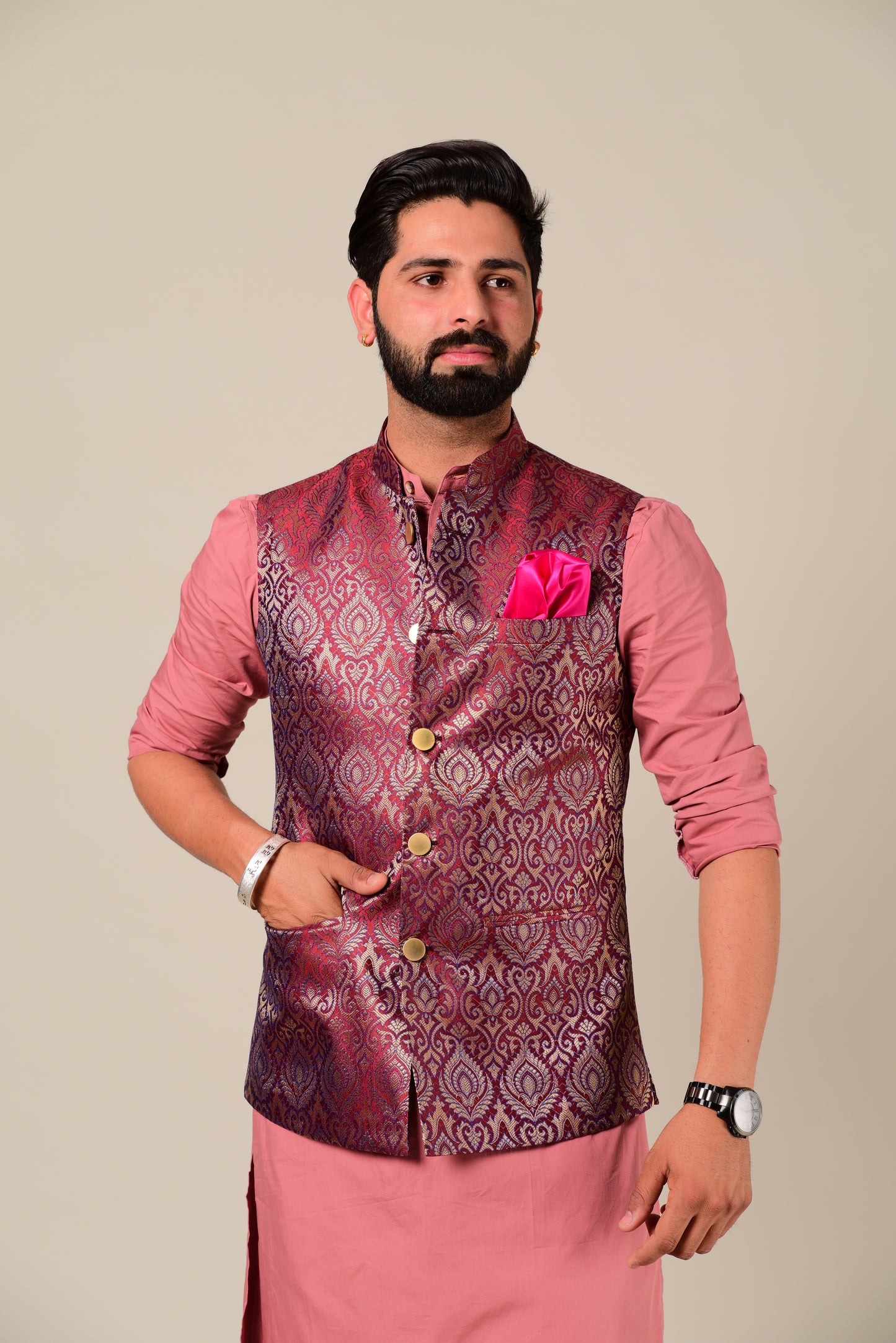 Rosewood Color Kimkhab Half Jodhpuri Jacket With Kurta Pajama Set