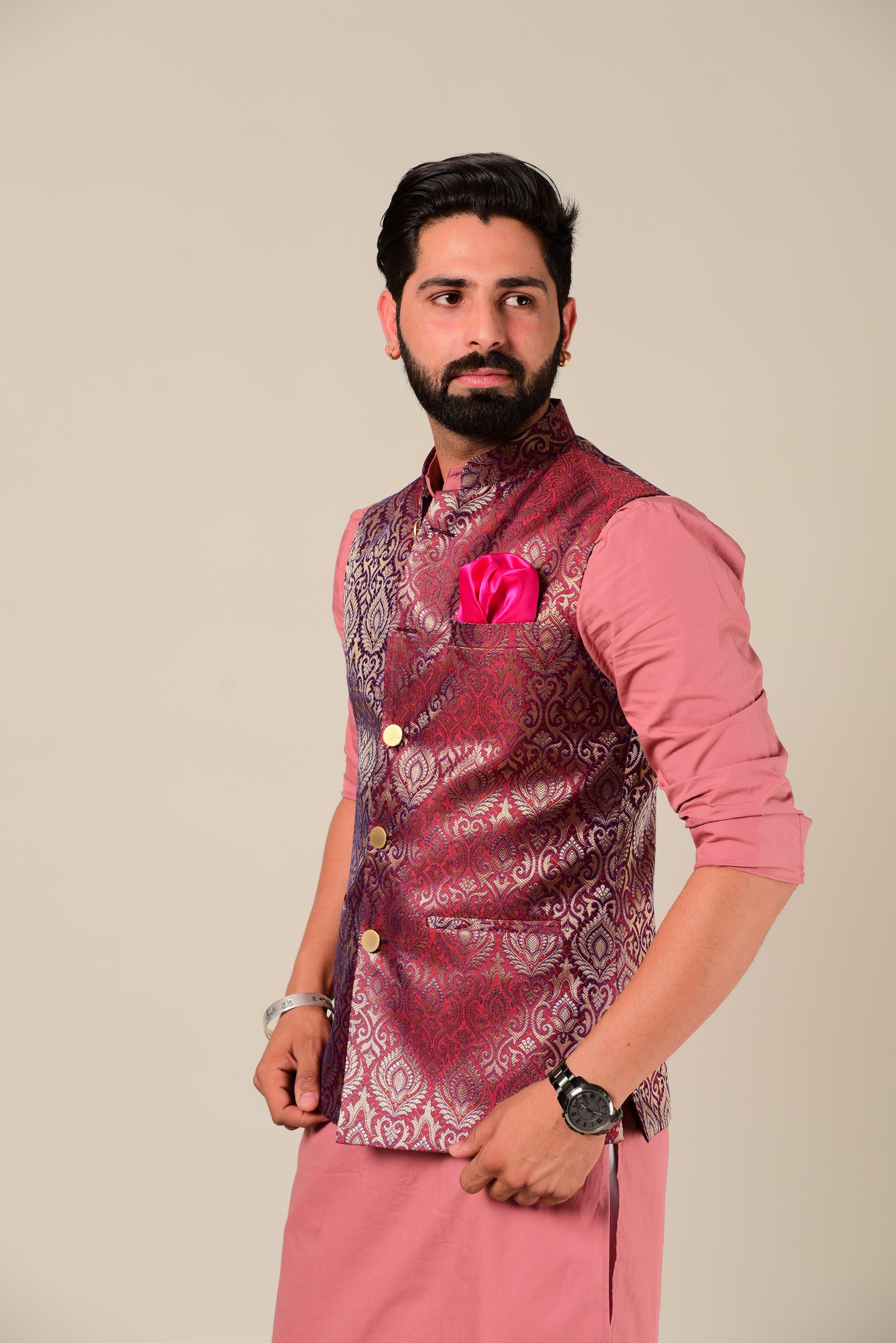 Rosewood Color Kimkhab Half Jodhpuri Jacket With Kurta Pajama Set