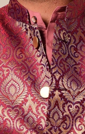 Rosewood Color Kimkhab Half Jodhpuri Jacket With Kurta Pajama Set