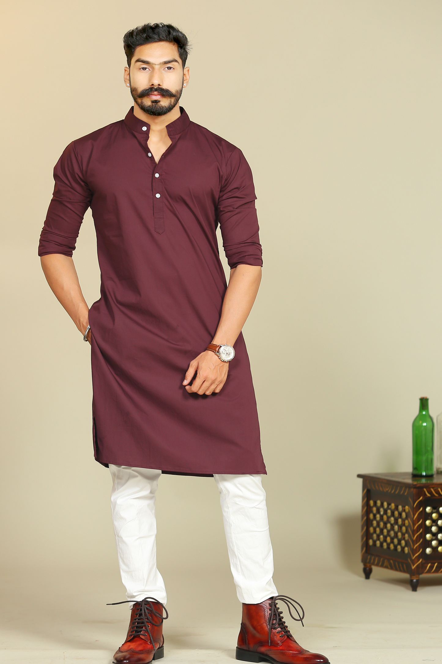 Maroon Short Collared Hunting Style Kurta