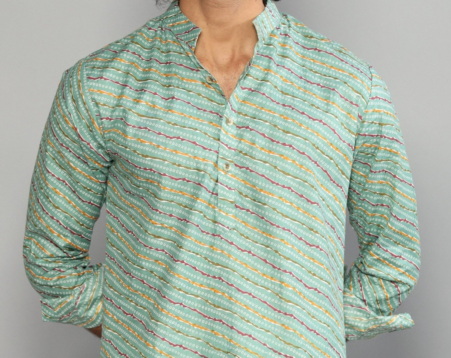 Aqua Green Leheriya Bandhej Jaipuri Printed Kurta Pyjama Set