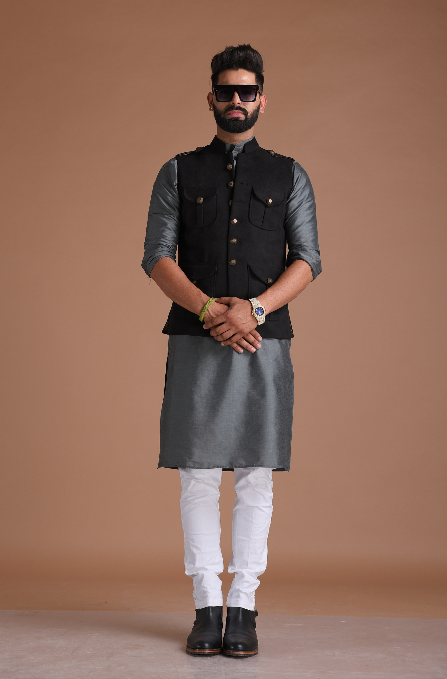Black Faux Suede Leather Half Hunting Style Jacket with Kurta Pajama Set