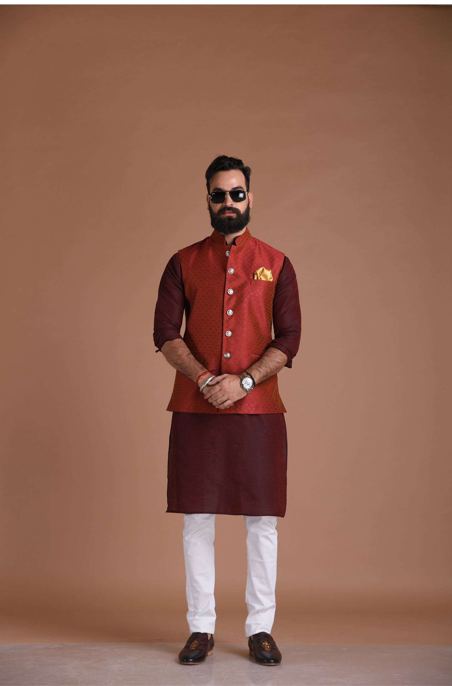 Embroidered Pattern Dark Red Half Jodhpuri Designer Jacket With Kurta Pajama