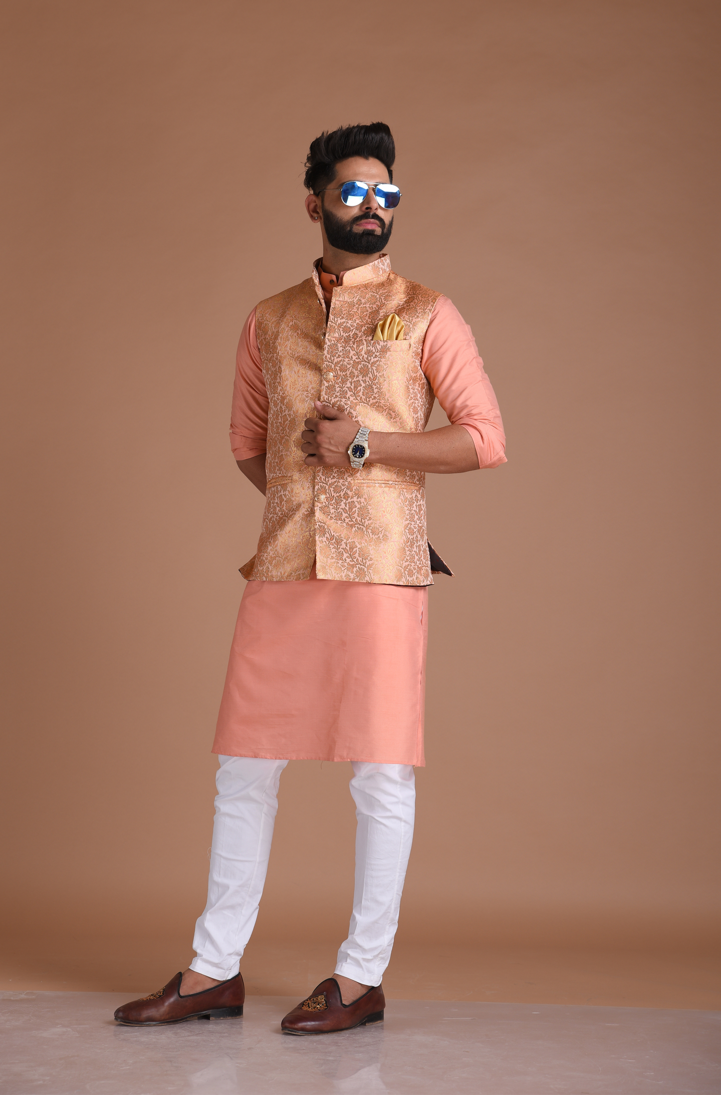 Exclusive Pastel Orange Floral Pattern Nehru Jacket With Silk Kurta Pajama Set