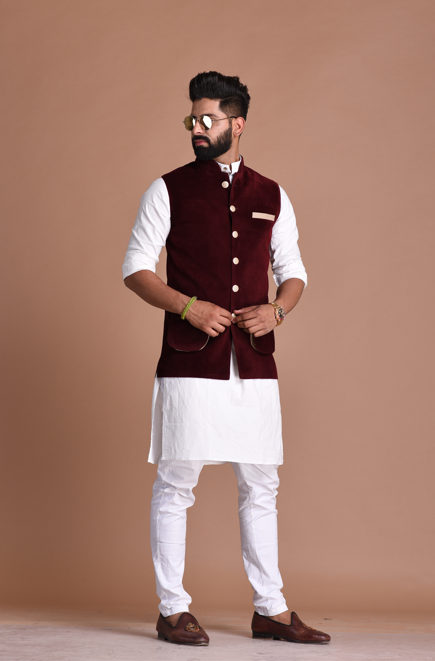 Handmade Elegant Maroon Velvet Nehru Modi Jacket with Kurta Pajama Set