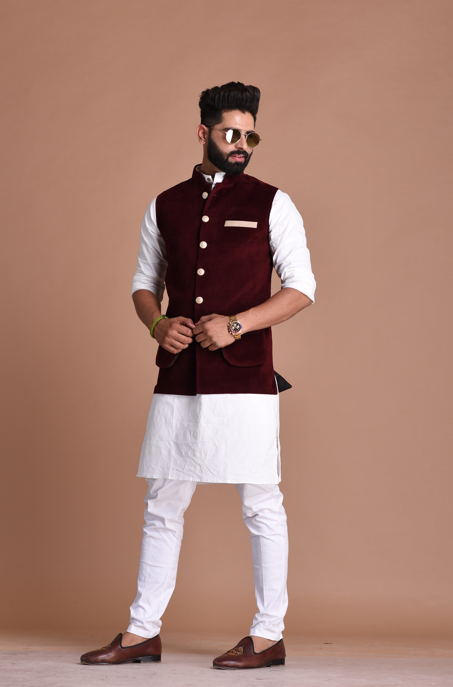 Handmade Elegant Maroon Velvet Nehru Modi Jacket with Kurta Pajama Set