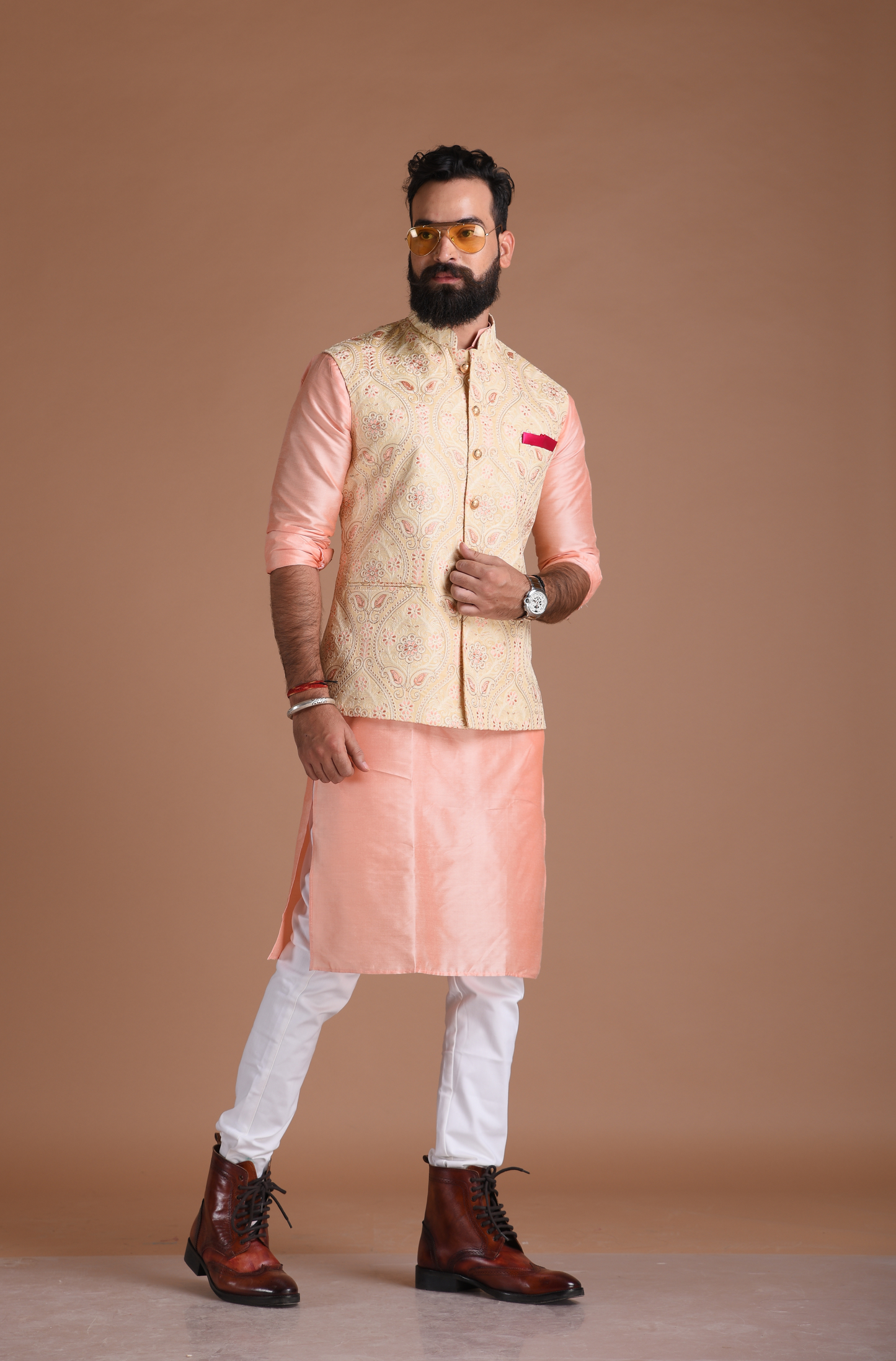 Heavy Lakhnawi Chikankaari Cream Nehru Jacket With Silk Kurta Pajama