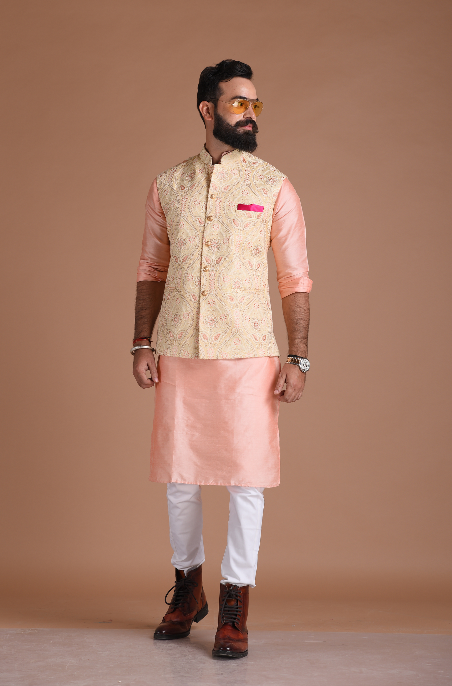 Heavy Lakhnawi Chikankaari Cream Nehru Jacket With Silk Kurta Pajama