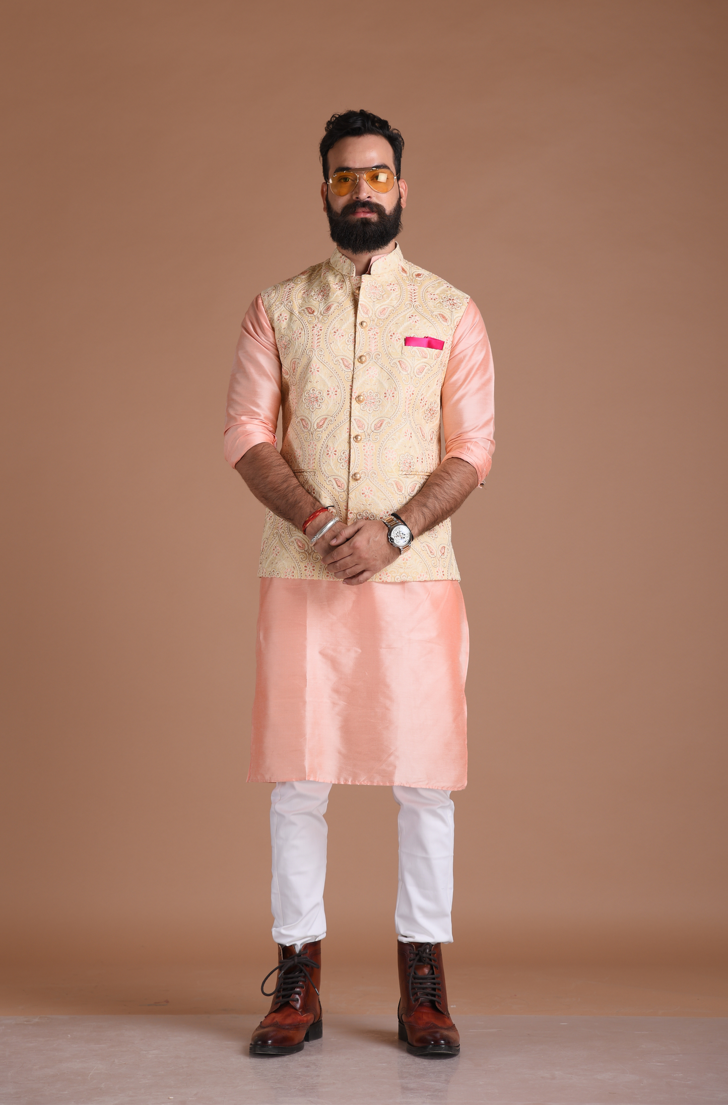 Heavy Lakhnawi Chikankaari Cream Nehru Jacket With Silk Kurta Pajama