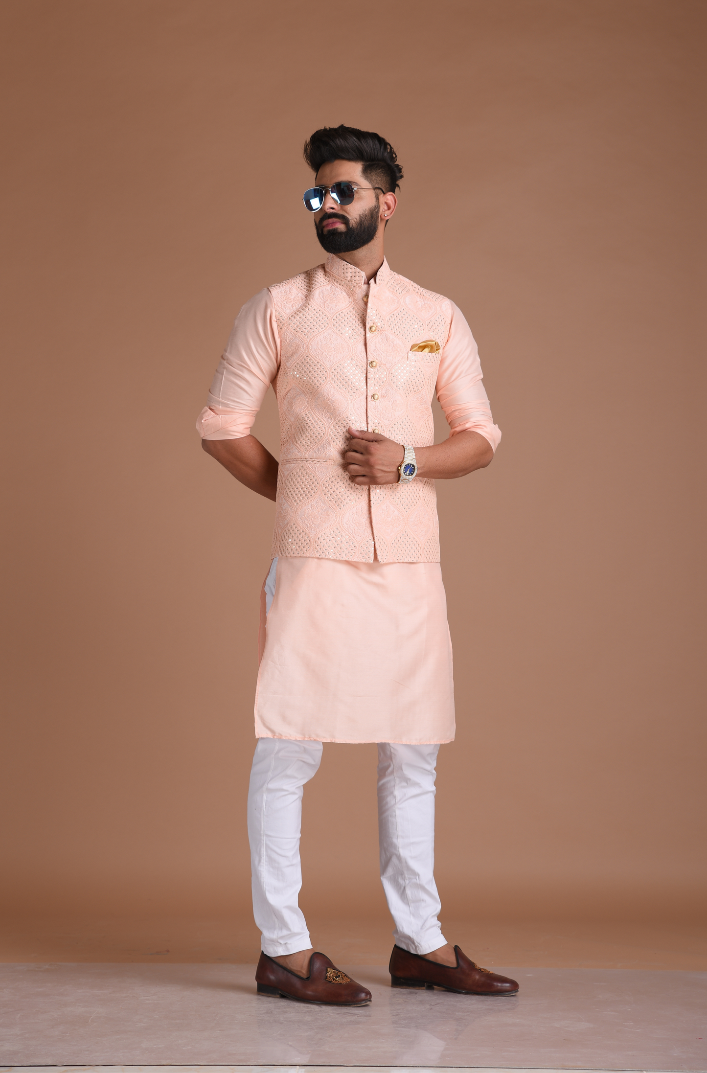 Heavy Lucknowi Chikankaari Pink Nehru Jacket With Kurta Pajama Set