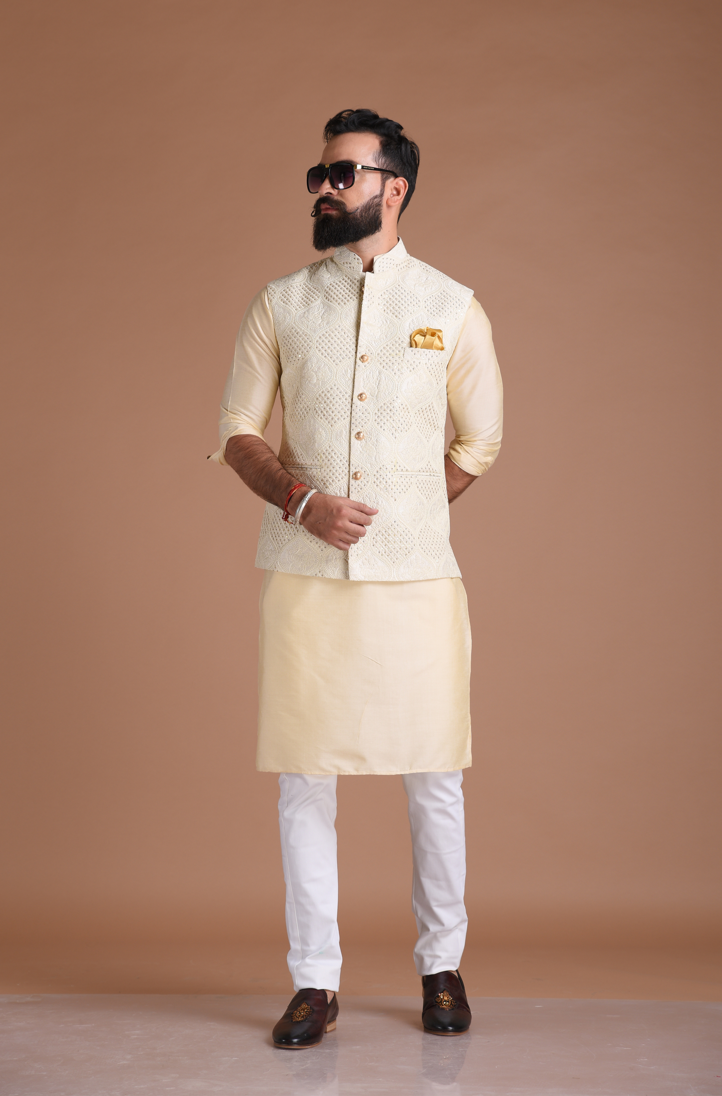 Lucknowi Heavy Chikankaari Off-White Nehru Jacket With Kurta Pajama Set