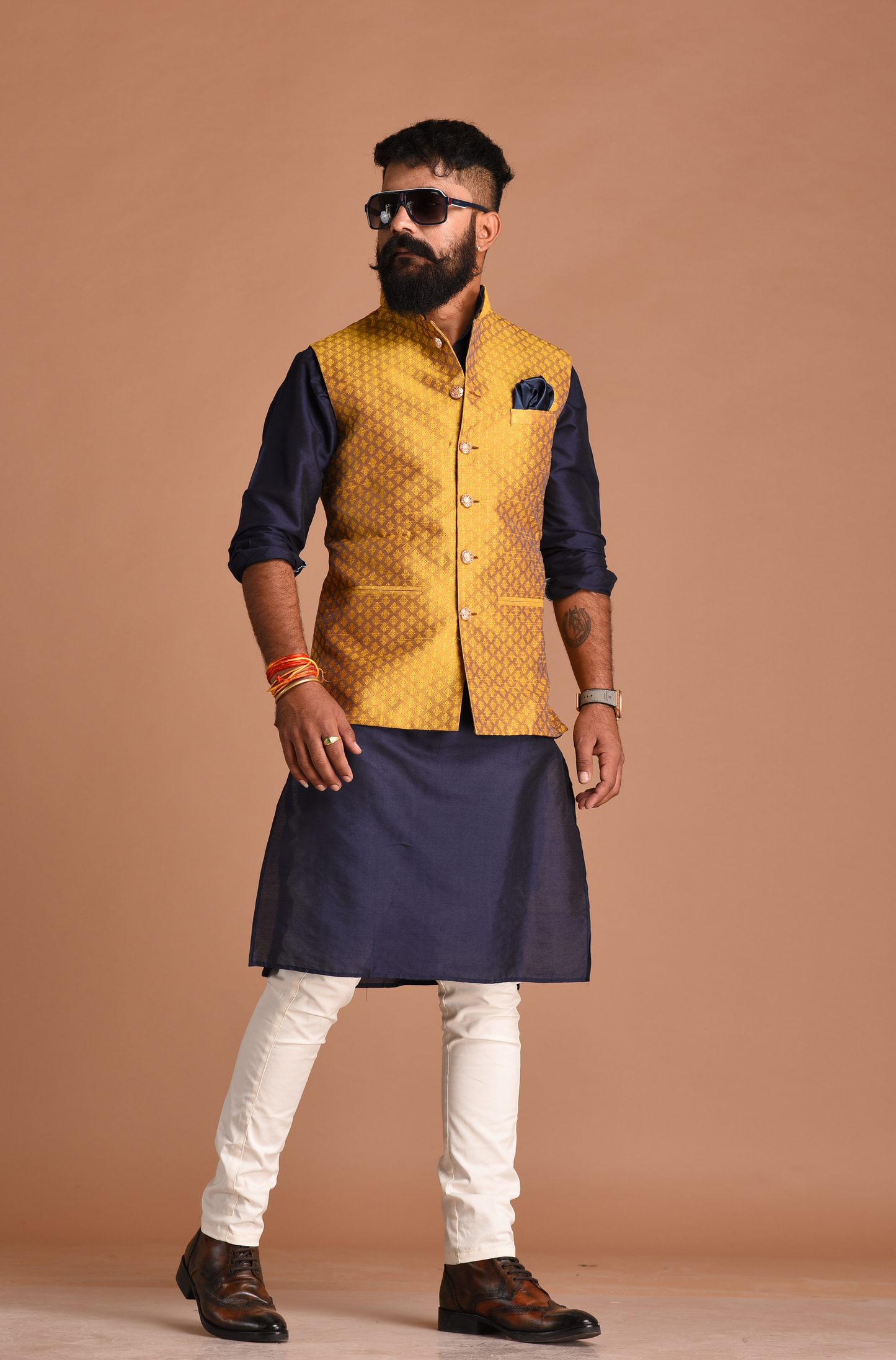 Booti Pattern Golden Brocade Silk Nehru Jacket With Kurta Pajama