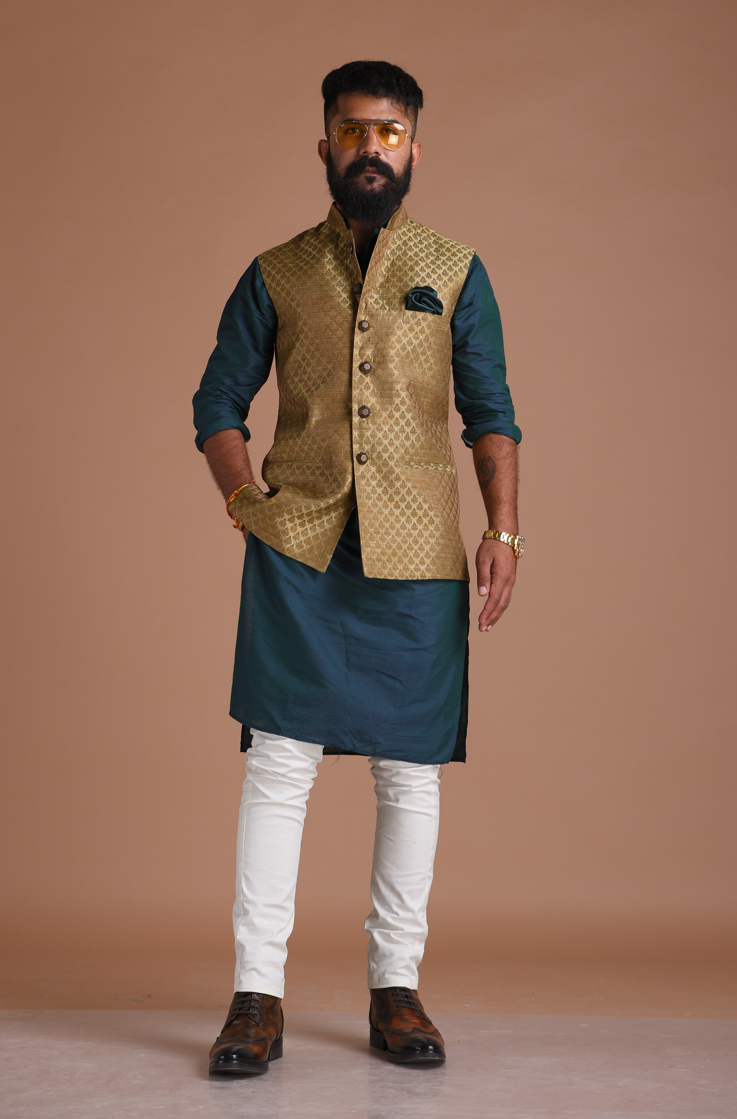 Brocade Dark Brown Nehru Jacket with Kurta Pajama