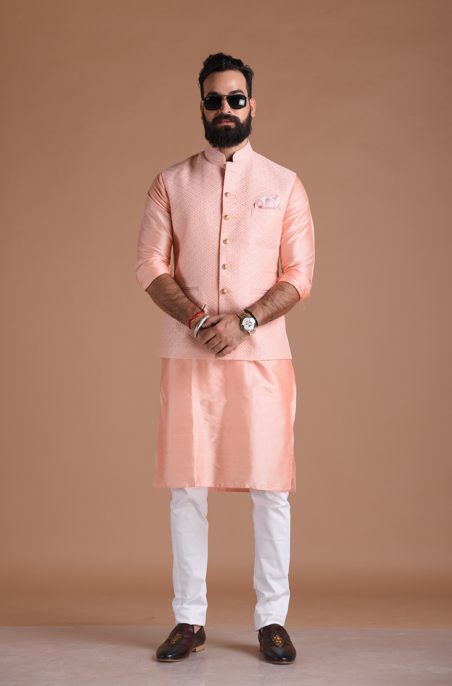 Alluring Pink Embroidered Half Jodhpuri Jacket with Kurta Pajama Set