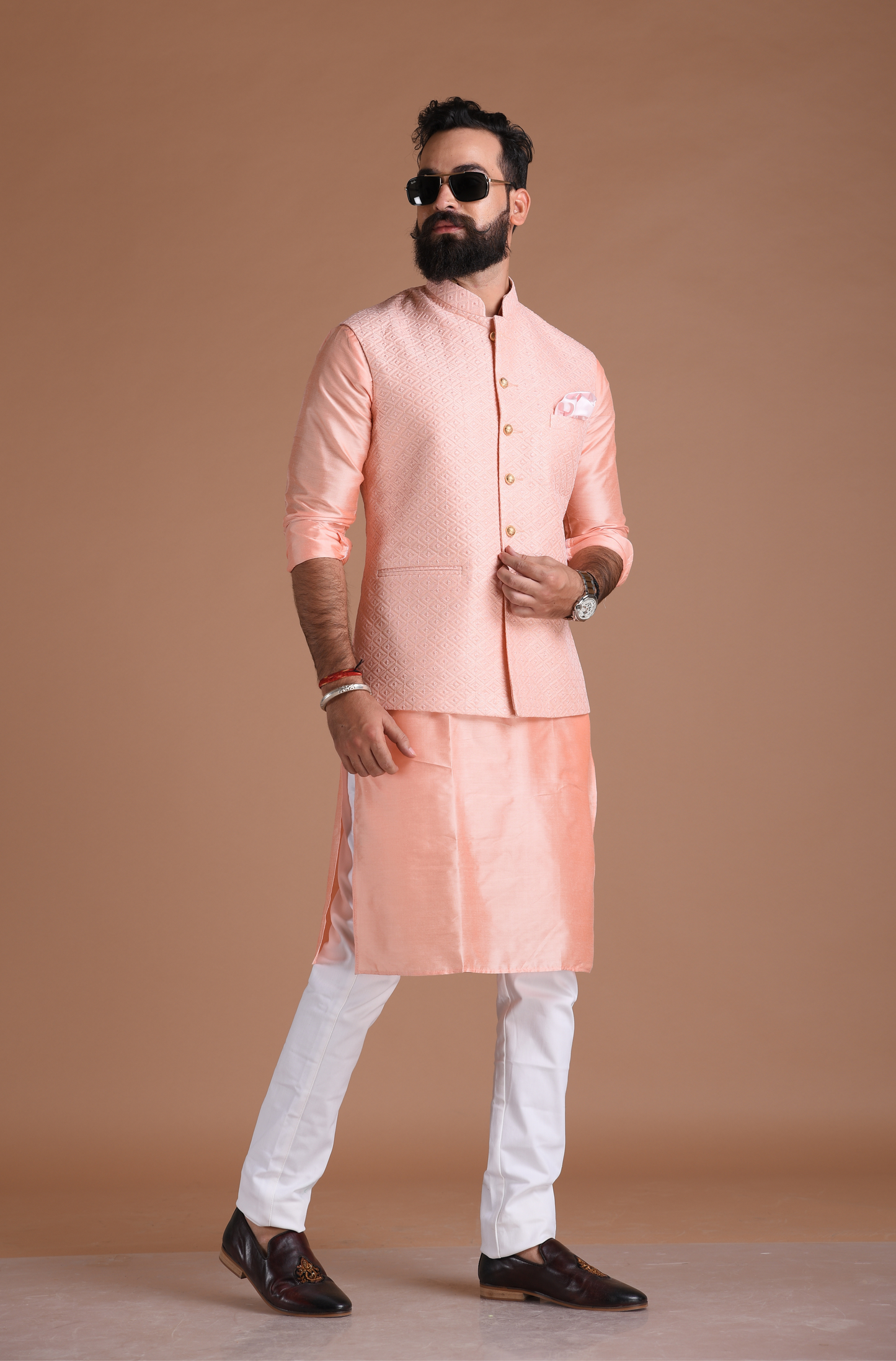 Alluring Pink Embroidered Half Jodhpuri Jacket with Kurta Pajama Set