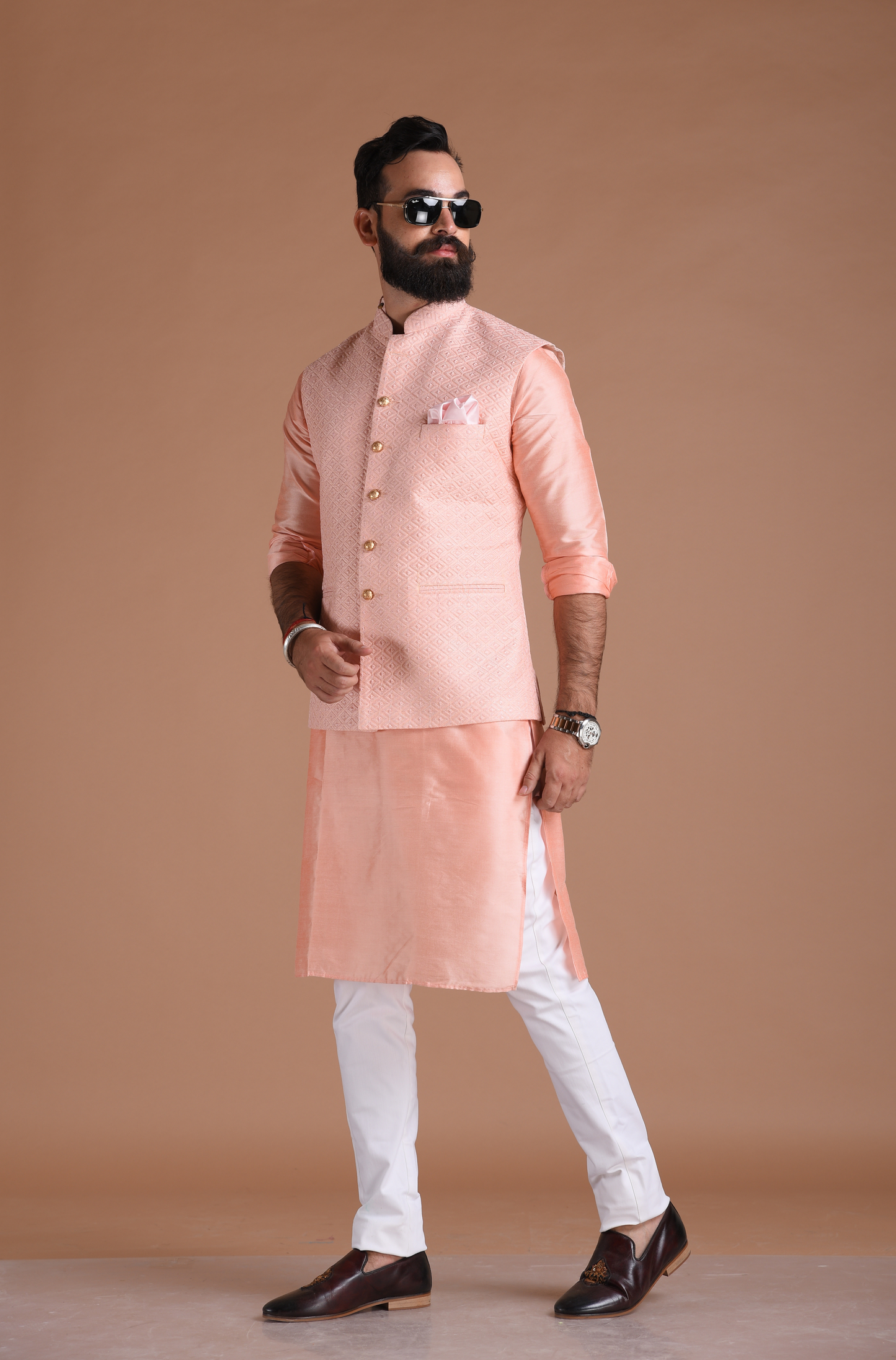 Alluring Pink Embroidered Half Jodhpuri Jacket with Kurta Pajama Set