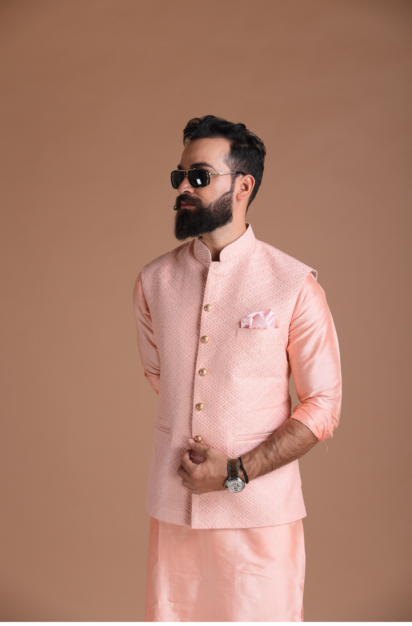 Alluring Pink Embroidered Half Jodhpuri Jacket with Kurta Pajama Set