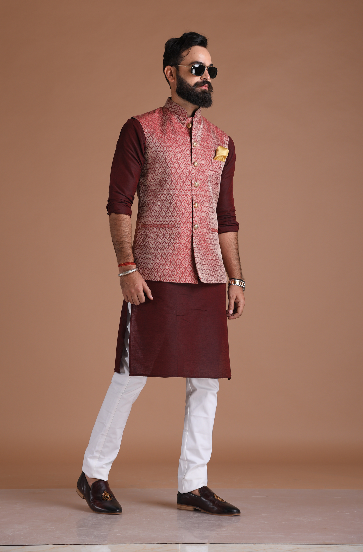 Dark Red Handmade Brocade Half Jodhpuri Jacket With Kurta Pajama