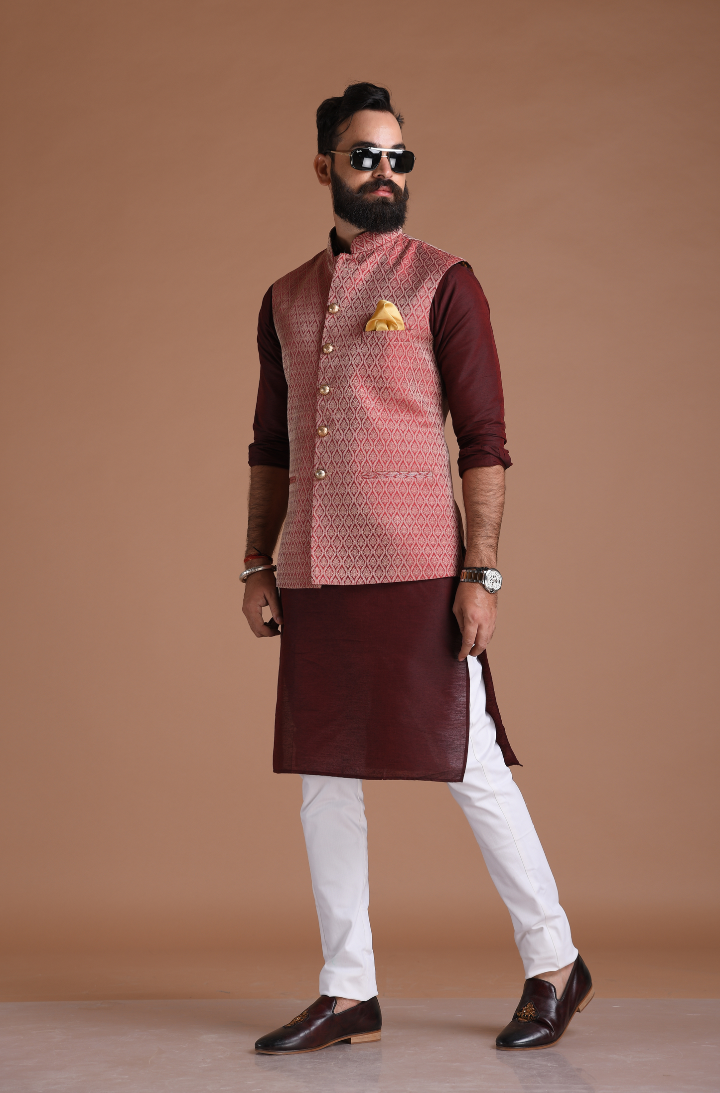 Dark Red Handmade Brocade Half Jodhpuri Jacket With Kurta Pajama