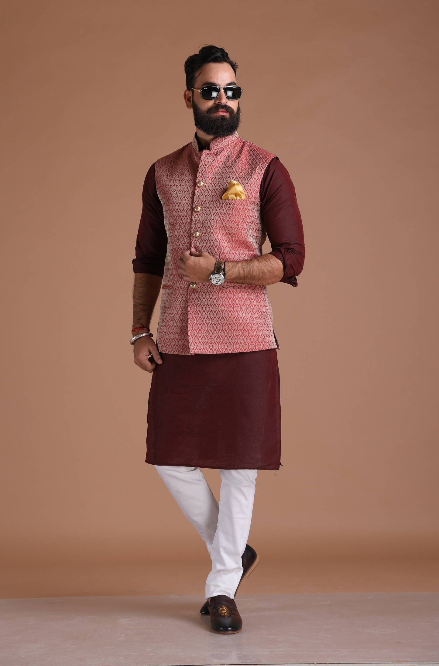 Dark Red Handmade Brocade Half Jodhpuri Jacket With Kurta Pajama