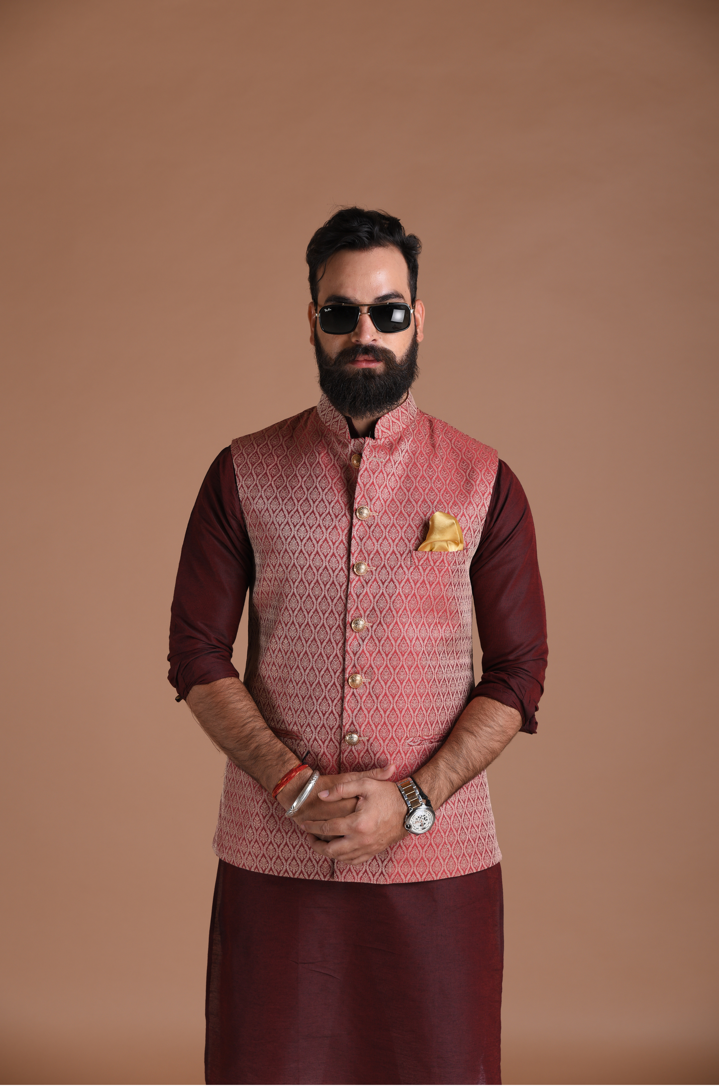 Dark Red Handmade Brocade Half Jodhpuri Jacket With Kurta Pajama