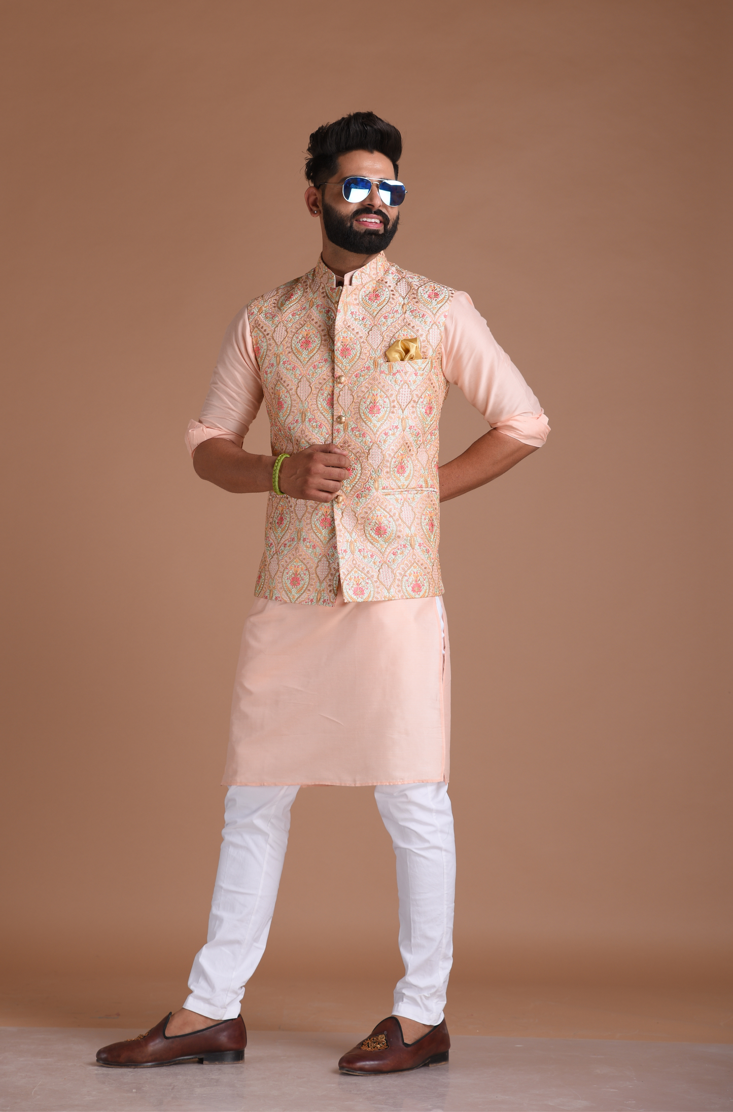 Elegant Banarasi Light Pink Color Half Jodhpuri Jacket With Silk Kurta Pajama Set